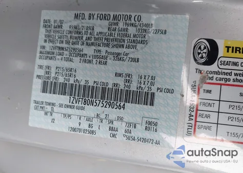 2007 Ford Mustang V6 Deluxe/V6 Premium z USA, uszkodzony, nr VIN 1ZVFT80N575290564